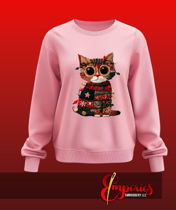 Cozy Christmas Cat Patchwork Holiday Sweatshirt