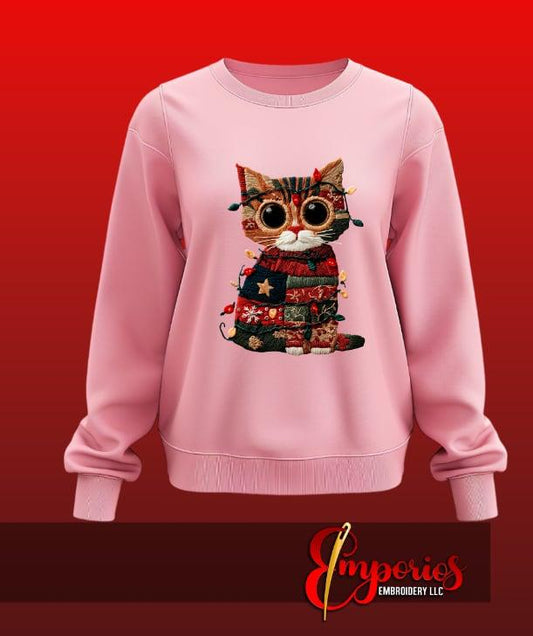 Cozy Christmas Cat Patchwork Holiday Sweatshirt