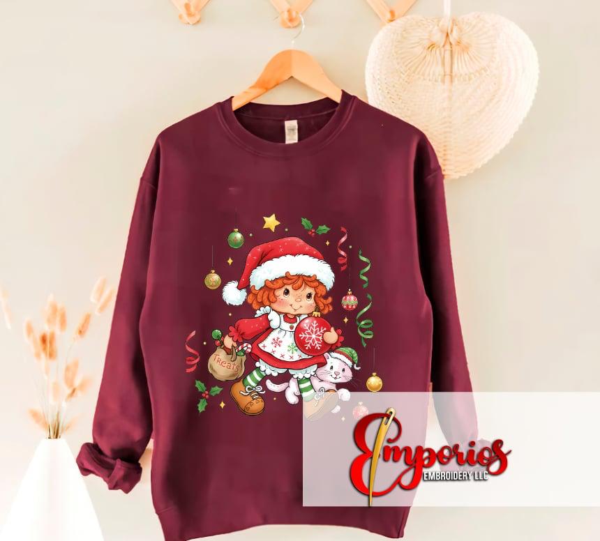 Cute Christmas Girl & Cat Sweatshirt | Festive Green Holiday Crewneck for Women