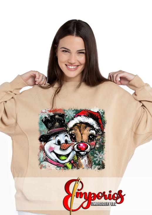 Snowman & Reindeer Christmas Sweatshirt | Cute Holiday Crewneck for Women