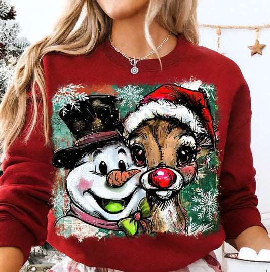 Snowman & Reindeer Christmas Sweatshirt | Cute Holiday Crewneck for Women