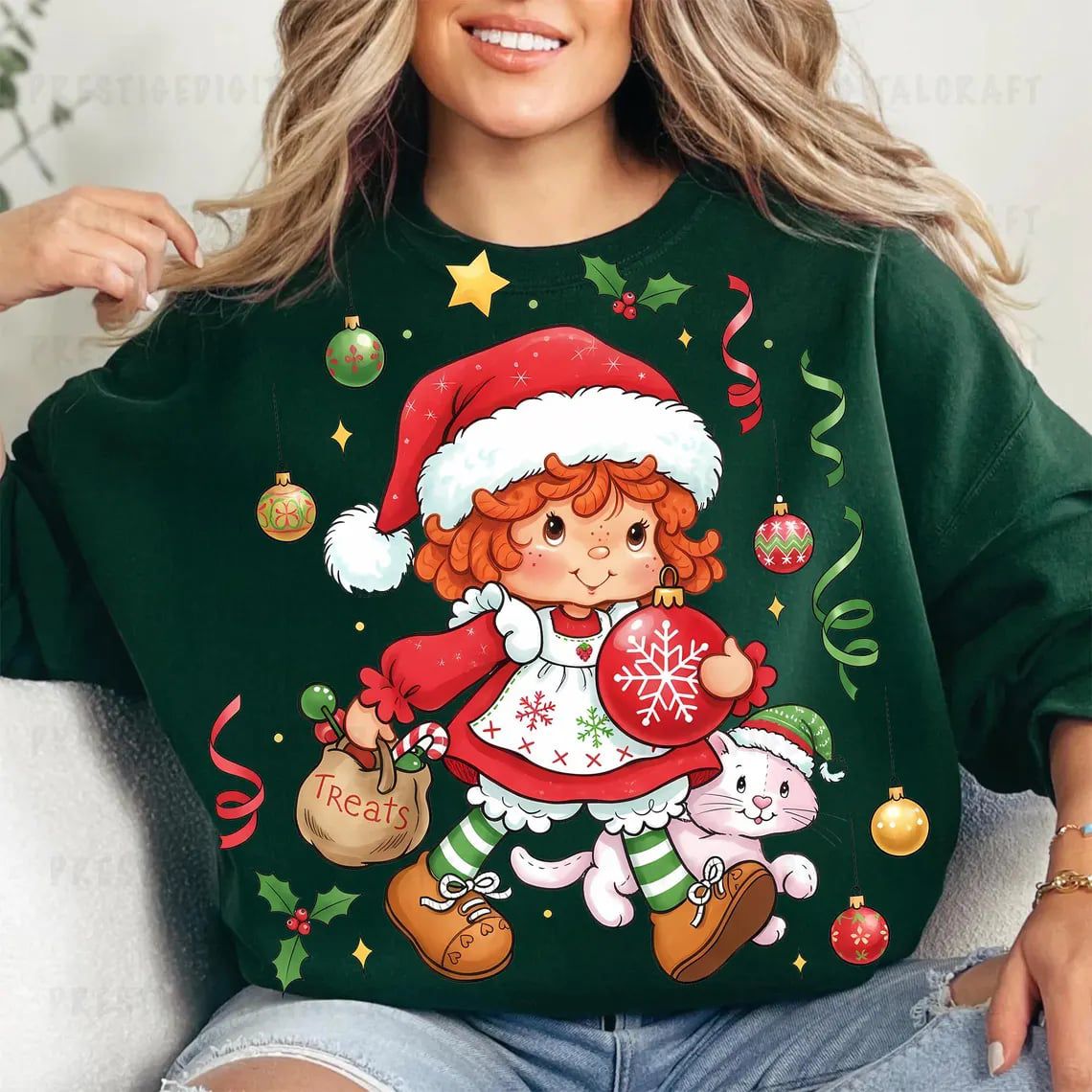 Cute Christmas Girl & Cat Sweatshirt | Festive Green Holiday Crewneck for Women