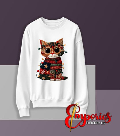 Cozy Christmas Cat Patchwork Holiday Sweatshirt