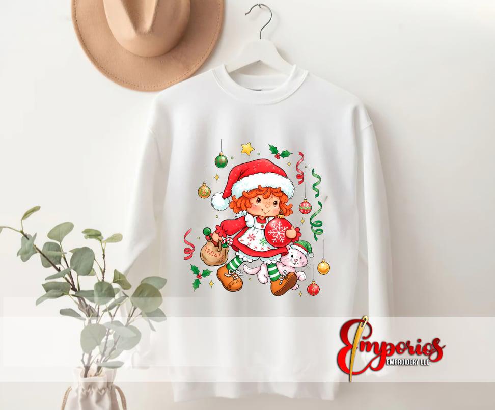 Cute Christmas Girl & Cat Sweatshirt | Festive Green Holiday Crewneck for Women